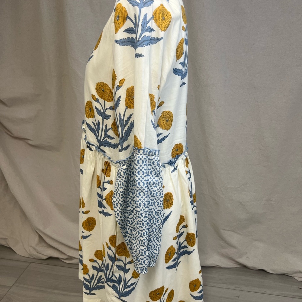Pink Chicken Midi Dress Cream Blue Yellow Floral Print Sz S Cottagecore Boho - Picture 4 of 6